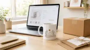 What is print on demand concept showing a printed mug beside a laptop with a shop listing and a shipping box on a light wood desk