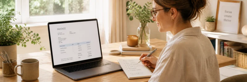 Who should use FreshBooks — freelancer working from home with laptop and invoice