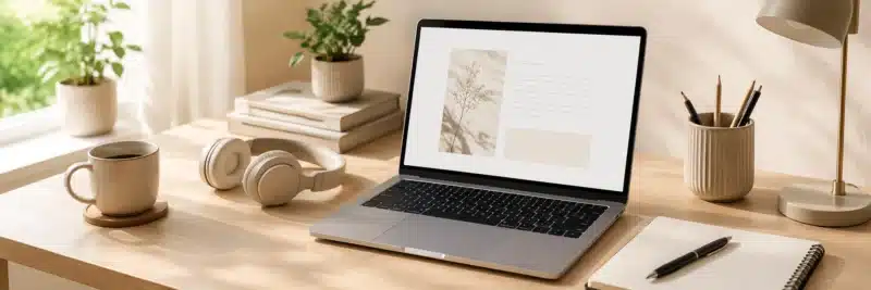 Person freelancing from a home desk, offering writing and design services to clients.