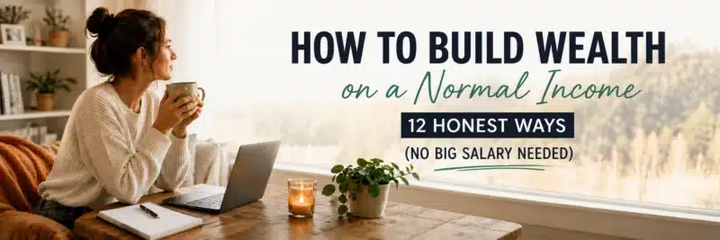 A woman drinking a coffee and looking outside think of How to Build Wealth on a Normal Income.