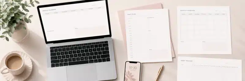 Flat-lay of printables and a laptop showing the make-once-sell-forever home business model.