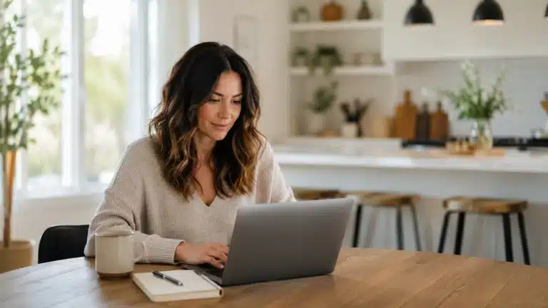 Woman at her kitchen table on a laptop exploring small business ideas to start from home in 2026.