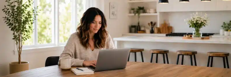 Woman at her kitchen table on a laptop exploring small business ideas to start from home in 2026.