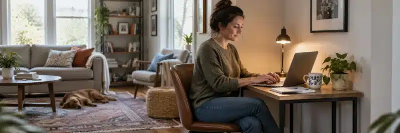 Remote worker using a small dedicated desk area in a bright shared living space