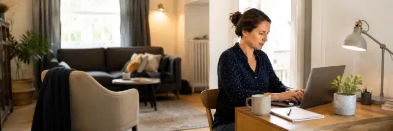 Remote worker using a small dedicated desk area in a bright shared living space, keeping work-life balance working from home even without a separate office.