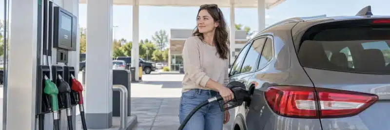 Person filling up their car with regular gas at a standard gas station