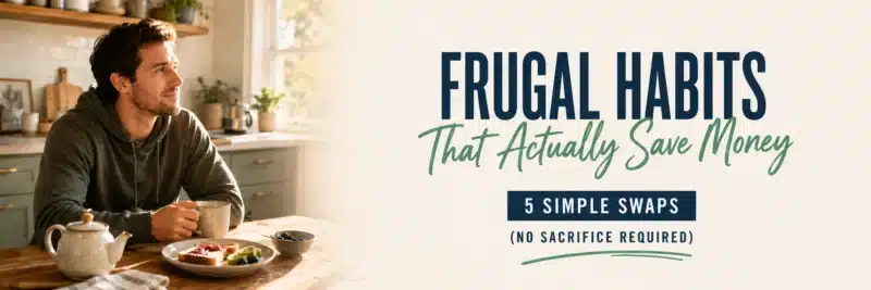 Man practicing frugal spending habits at a cozy kitchen table