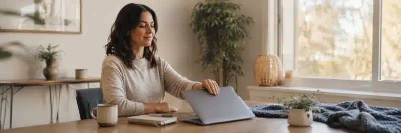 Woman closing her laptop after learning to maintain work-life balance when working from home.