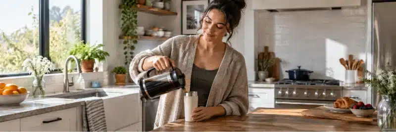 Person making coffee at home instead of buying it at a coffee shop