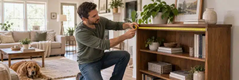 Person measuring furniture before listing it for sale