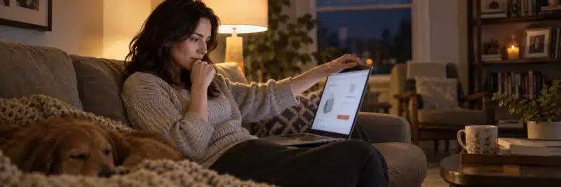 Person pausing before completing an impulse online purchase