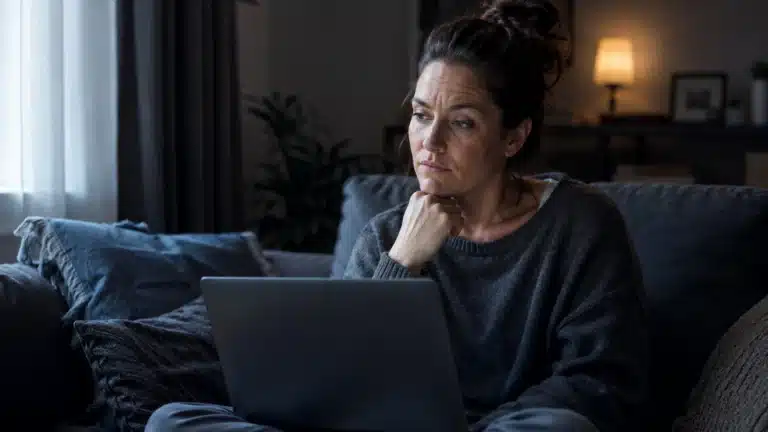 Woman pondering over the truth about resell rights products