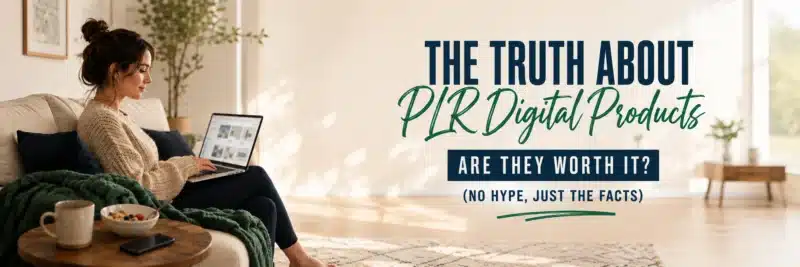 Woman reading the truth about PLR digital products on a laptop