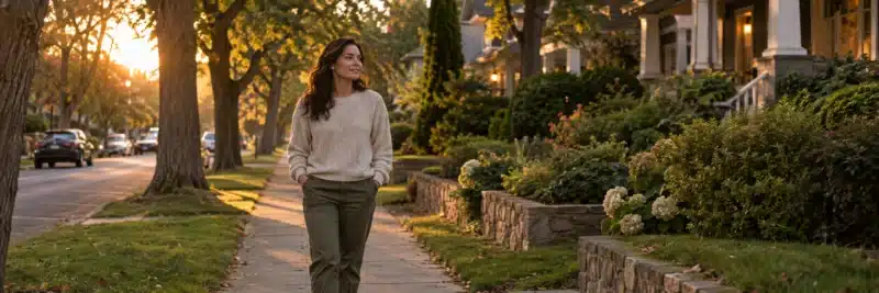 Remote worker taking a short walk outdoors after finishing a work from home day