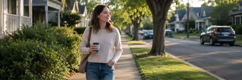 Remote worker taking a short walk outdoors after finishing a Work From Home day.