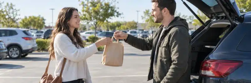 Person meeting a buyer in a public parking lot to complete a sale safely