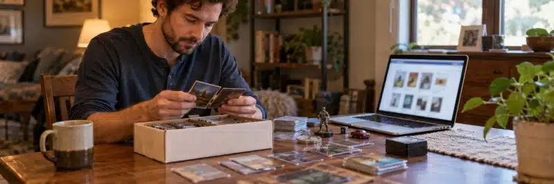 Person sorting trading cards and collectibles to sell online