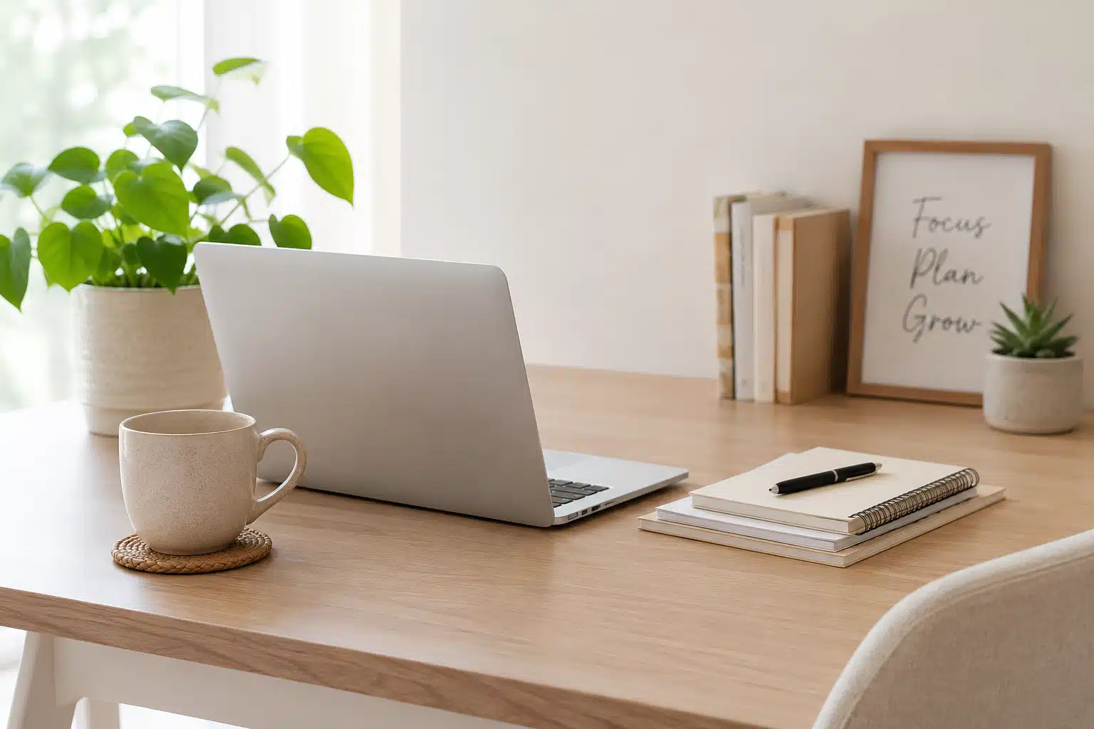 Bright home office desk with laptop, coffee mug, notebooks and plants