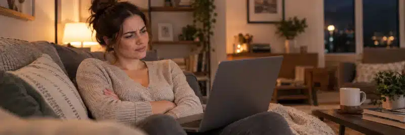 Person skeptically evaluating a resell-rights course sales pitch