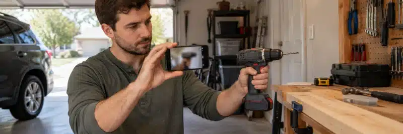 Person testing a power tool and recording it before selling