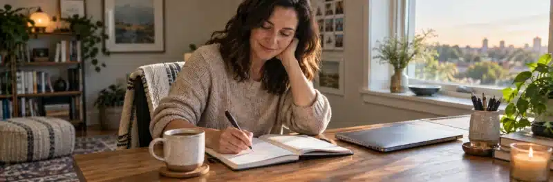 Person reviewing their weekly work plan at a home desk on a Friday afternoon
