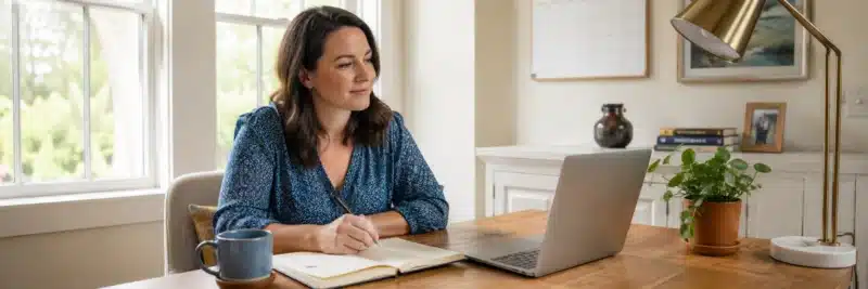 Woman reviewing her weekly work plan at a home desk on a Friday afternoon.