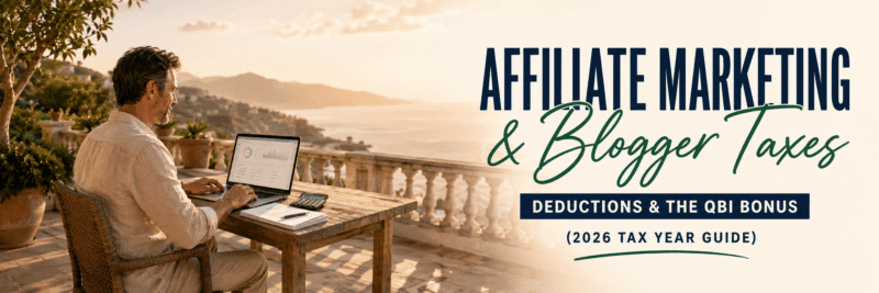 affiliate marketing taxes: man reviewing blog income and 1099 forms at a laptop