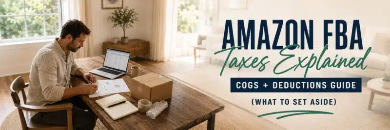 A man in his fifties calculating Amazon FBA taxes among shipping boxes and paperwork at a dining table workspace
