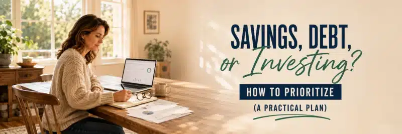 Notebook showing a plan to balance emergency savings debt and investing priorities