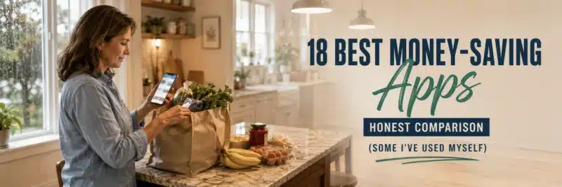 Woman checking the best money-saving apps on her phone while grocery shopping