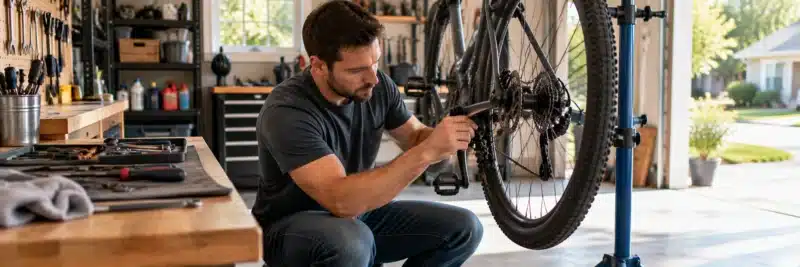 Man repairing a bicycle as a side hustle