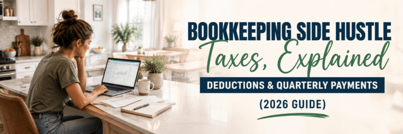 woman reviewing bookkeeping side hustle taxes paperwork while sat at her home kitchen island