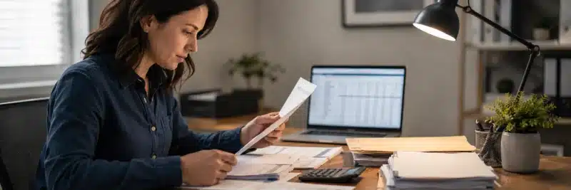 Person organizing tax paperwork related to Roth IRA and brokerage account income