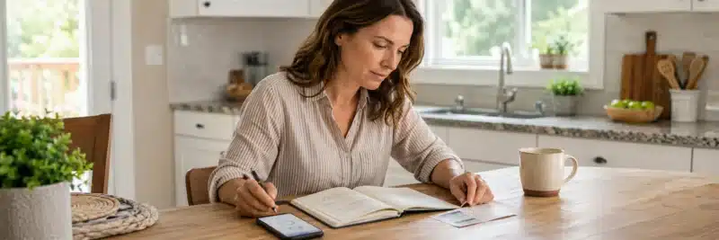 Coupon, cash-back app, and budget notebook laid out together on a kitchen table