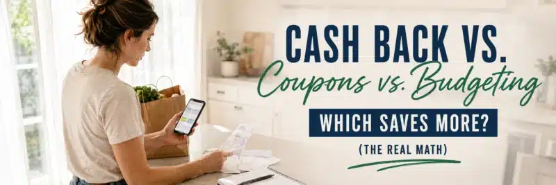 Woman comparing cash back vs coupons receipts at her kitchen table