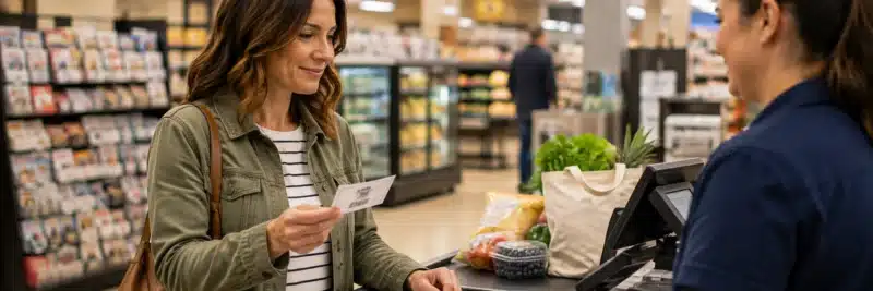 Person deciding between a coupon and a cash-back offer at checkout