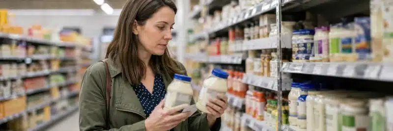 Person comparing unit prices between two products before using a coupon