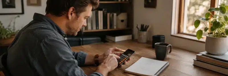 Person calculating compound growth using a formula and calculator