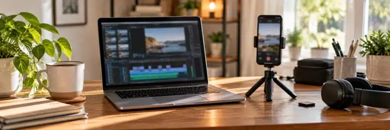Laptop and phone setup for a creative or online side hustle