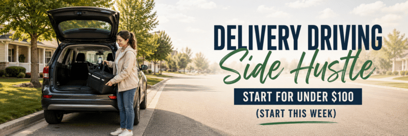 Woman with a delivery bag starting a delivery driving side hustle by her car