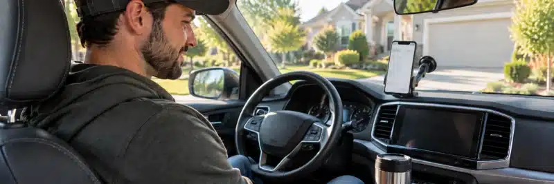 Person opening a delivery app in their car to start a shift