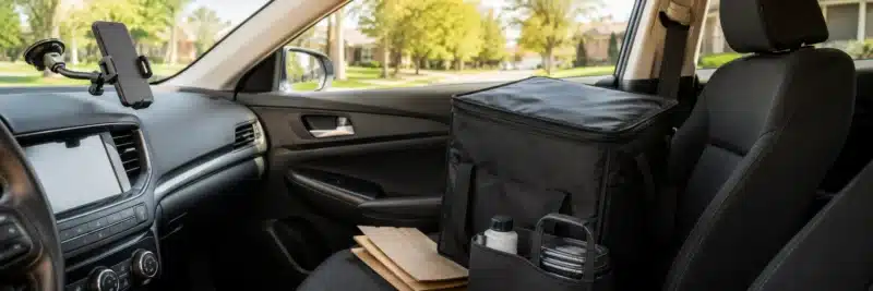 Simple delivery driving starter kit with a thermal bag and phone mount