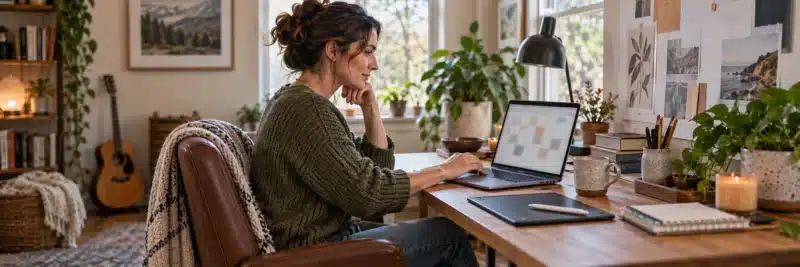 Person designing a digital printable as a quiet, independent side hustle