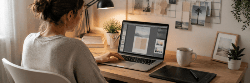 Person designing a digital printable template as a side hustle