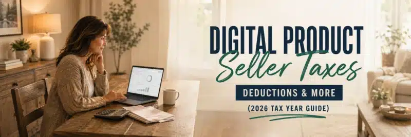 digital product seller taxes: woman reviewing printables sales and receipts at a laptop