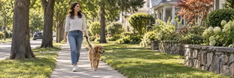 Person walking a dog alone through a quiet neighborhood as a side hustle