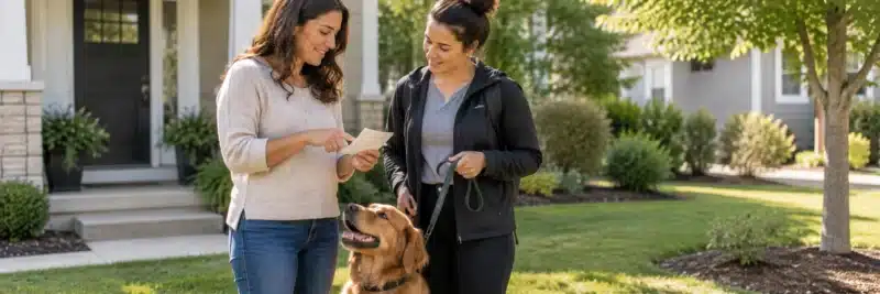 Dog walker and owner reviewing instructions during a meet-and-greet
