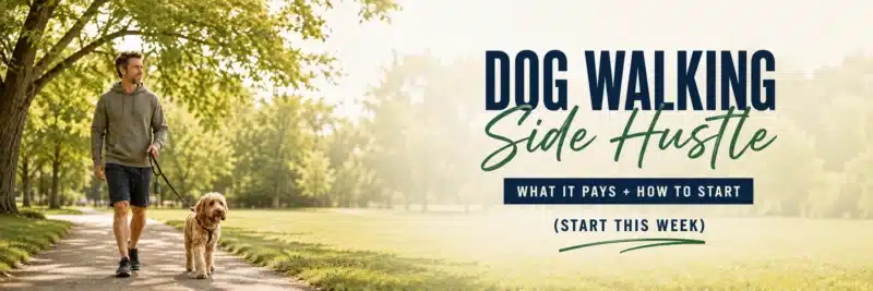 Man walking a dog in the park while starting a dog walking side hustle