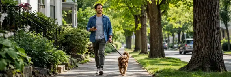 Person walking a dog through a neighborhood as a side hustle