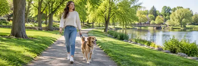 Person walking a dog through a neighborhood park as a side hustle